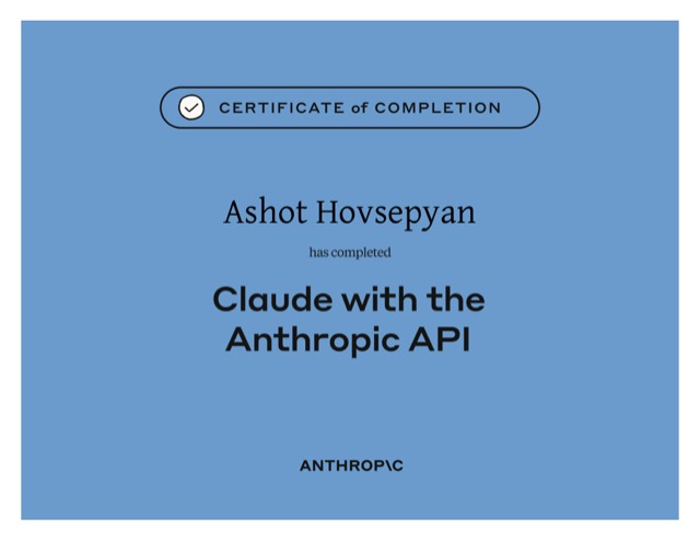Claude with the Anthropic API — Anthropic Academy certificate of completion