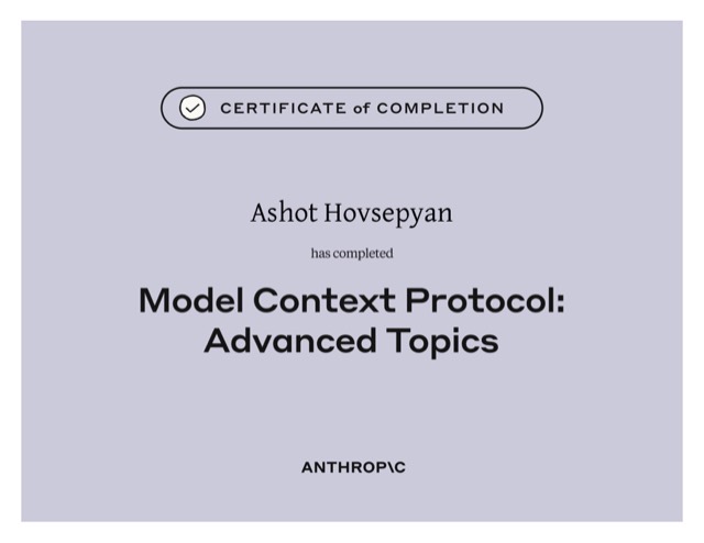 Model Context Protocol: Advanced Topics — Anthropic Academy certificate of completion