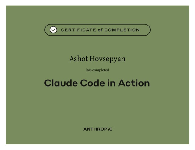 Claude Code in Action — Anthropic Academy certificate of completion