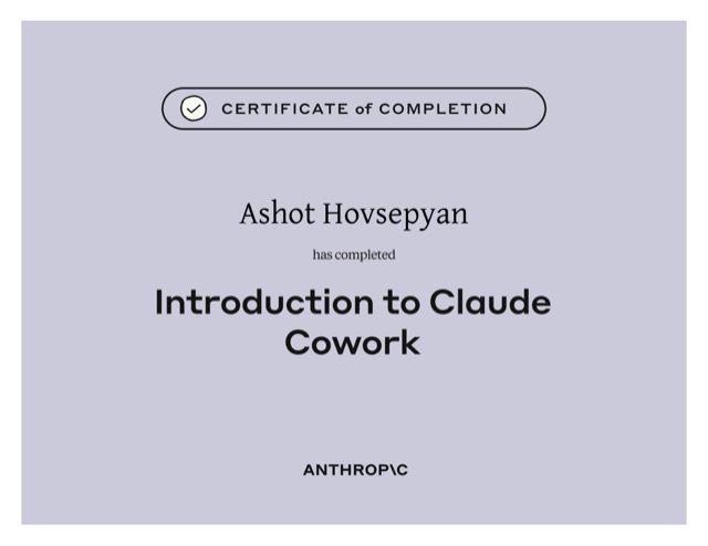 Introduction to Claude Cowork — Anthropic Academy certificate of completion