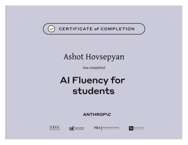 AI Fluency for Students — Anthropic Academy certificate of completion