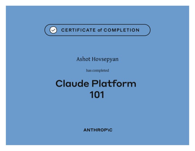 Claude Platform 101 — Anthropic Academy certificate of completion