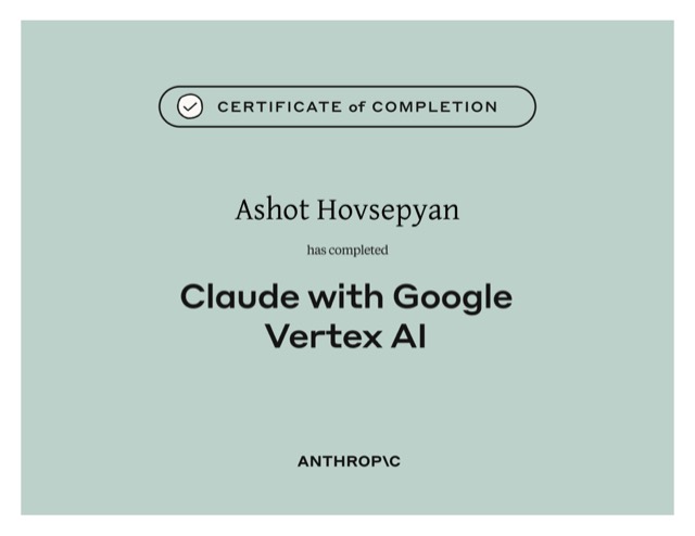 Claude with Google Vertex AI — Anthropic Academy certificate of completion