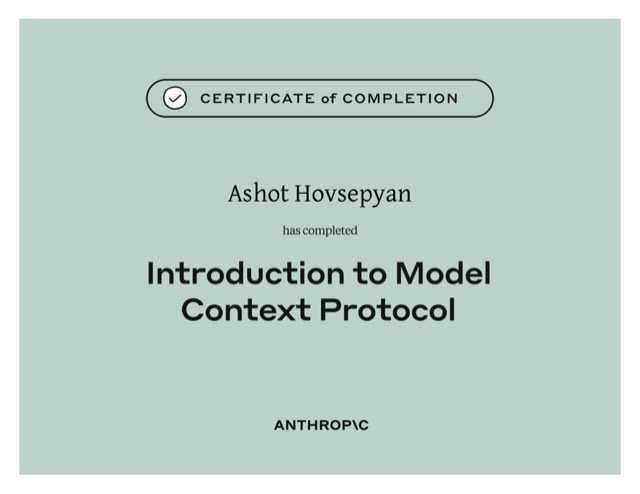 Introduction to Model Context Protocol — Anthropic Academy certificate of completion