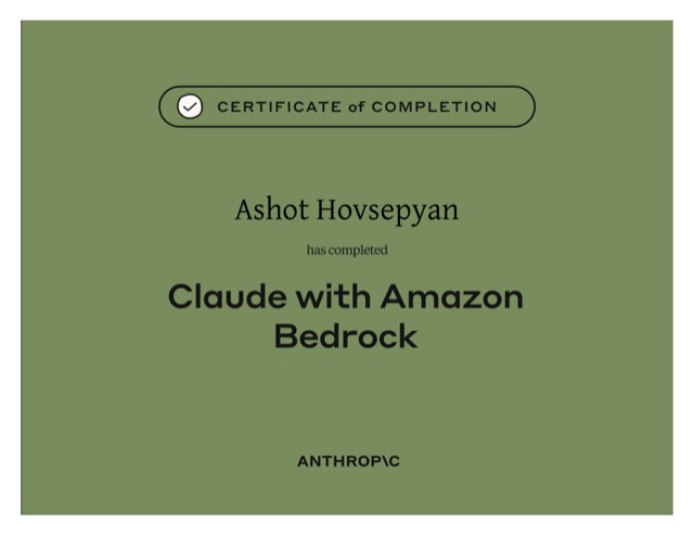 Claude with Amazon Bedrock — Anthropic Academy certificate of completion