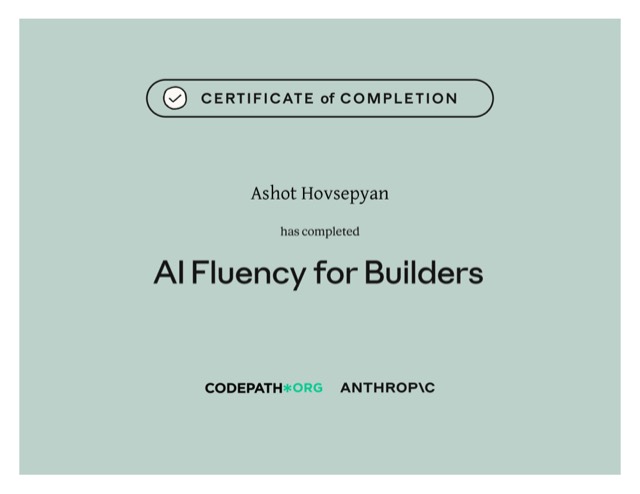 AI Fluency for Builders — Anthropic Academy certificate of completion