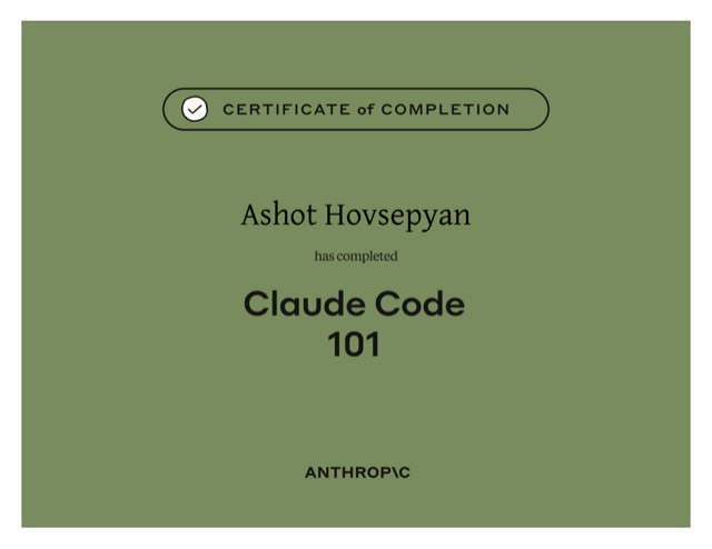 Claude Code 101 — Anthropic Academy certificate of completion