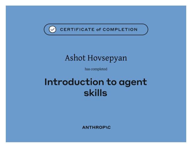 Introduction to Agent Skills — Anthropic Academy certificate of completion
