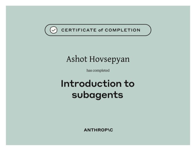 Introduction to Subagents — Anthropic Academy certificate of completion