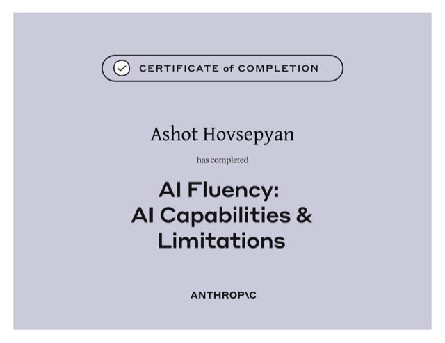 AI Fluency: AI Capabilities & Limitations — Anthropic Academy certificate of completion
