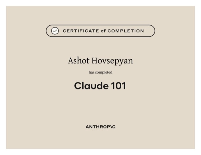 Claude 101 — Anthropic Academy certificate of completion
