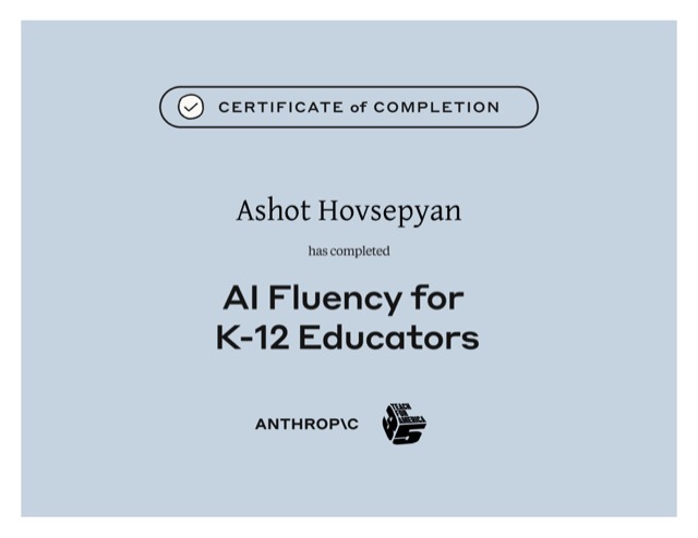 AI Fluency for K-12 Educators — Anthropic Academy certificate of completion